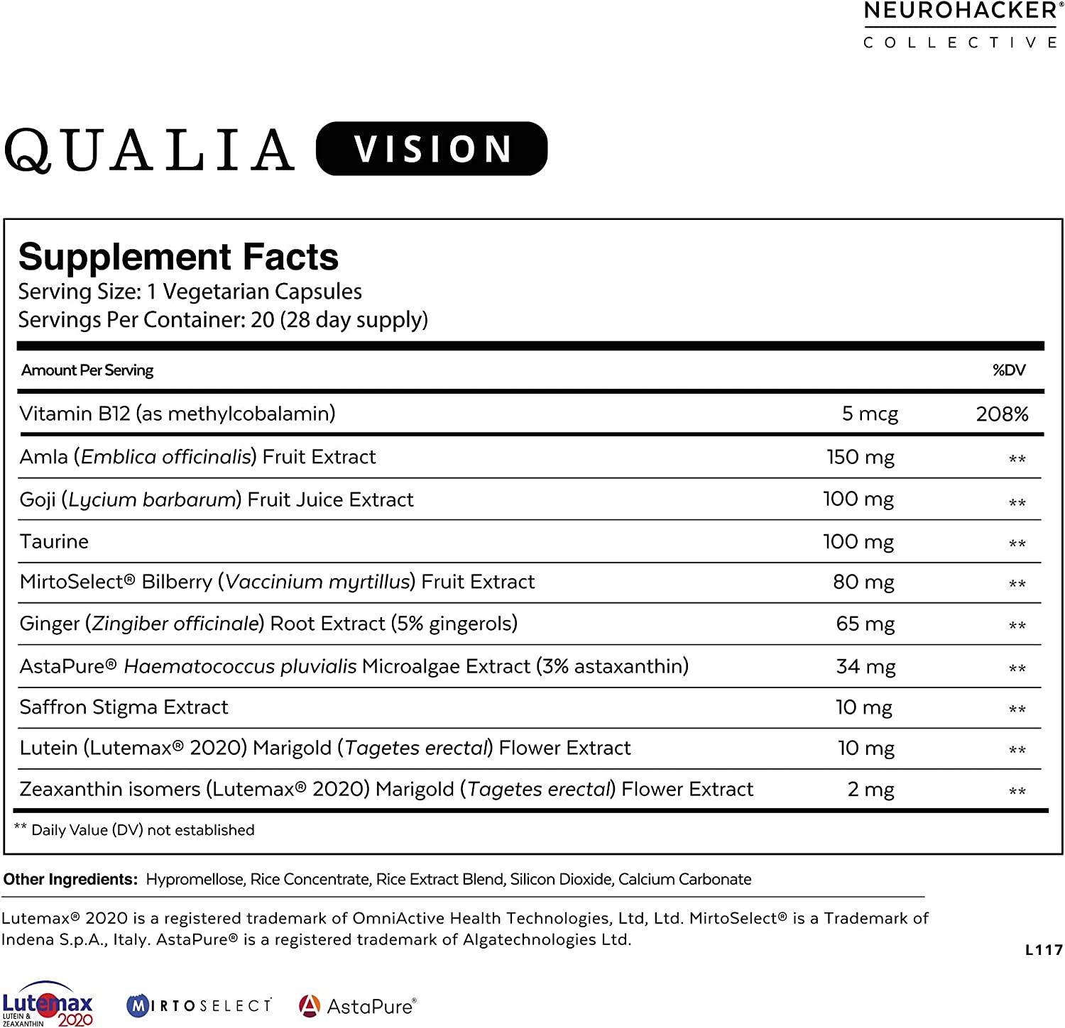 Qualia Vision Eye Vitamins Supplement | Optimized Eyes | Support Protect, Restore and Enhance Eye Health with Clinically Researched Ingredients Including Lutein, Zeaxanthin, Bilberry | 20 Count