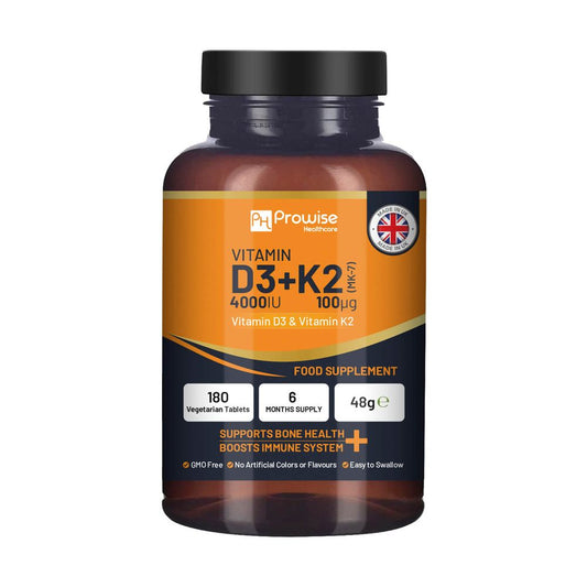 Vitamin D3 4000IU & K2 MK7 100µg Vegetarian Tablets I 180 (6 Months Supply) I Easy to Swallow Supplement for Immune Support, Calcium Boost, Bone & Muscle I Made in The UK by Prowise Healthcare