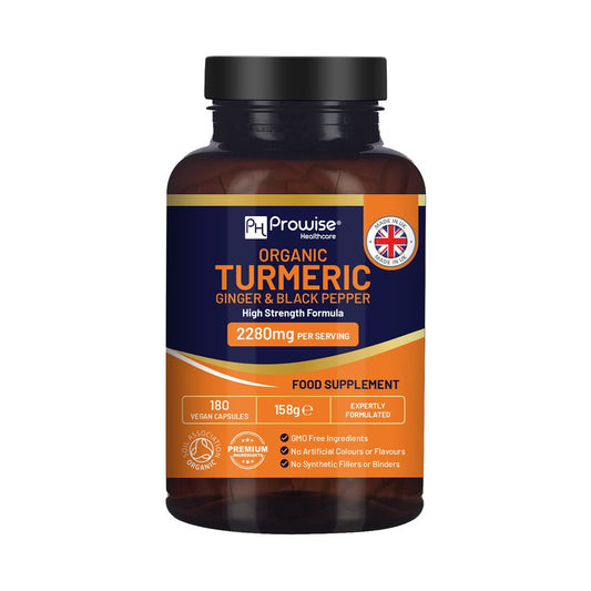Organic Turmeric 2280mg (High Strength) with Black Pepper & Ginger - 180 Vegan Turmeric Capsules with Active Ingredient Curcumin I Soil Association Approved I UK Made by Prowise Healthcare