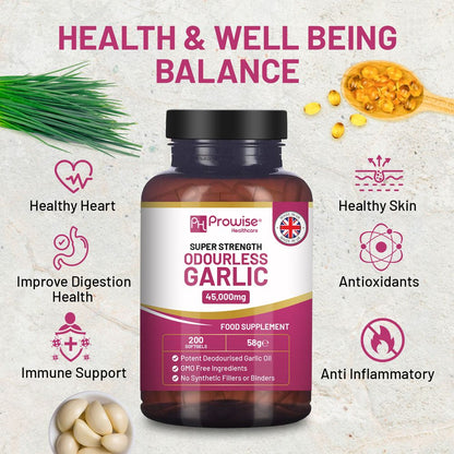 Premium Odourless Garlic Capsules - High Strength 45,000mg - 200 Softgels by Prowise