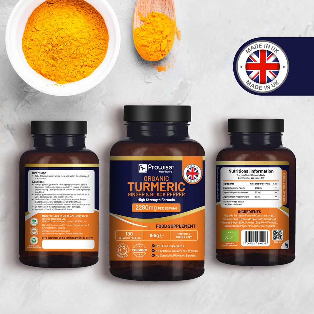 Organic Turmeric 2280mg (High Strength) with Black Pepper & Ginger - 180 Vegan Turmeric Capsules with Active Ingredient Curcumin I Soil Association Approved I UK Made by Prowise Healthcare