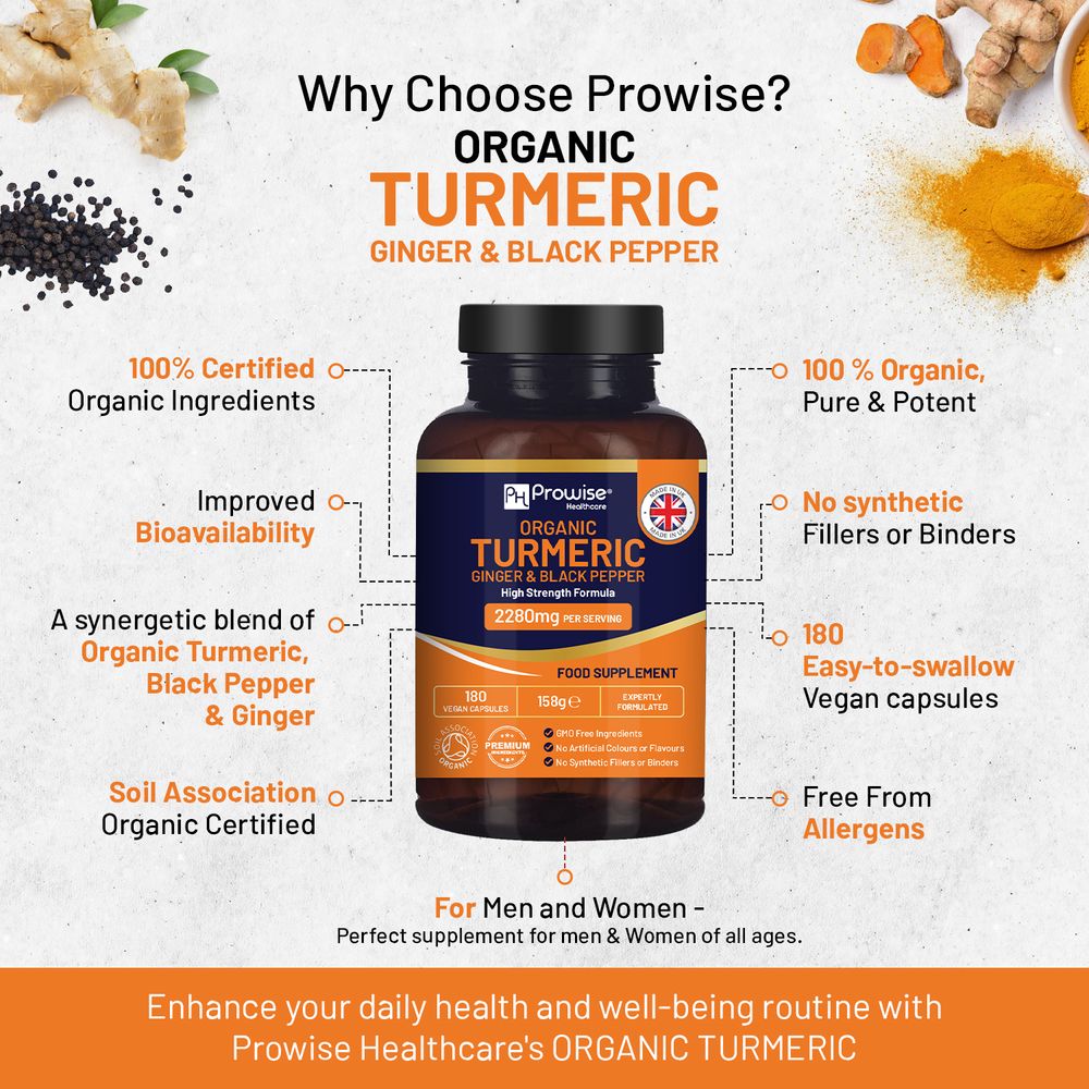 Organic Turmeric 2280mg (High Strength) with Black Pepper & Ginger - 180 Vegan Turmeric Capsules with Active Ingredient Curcumin I Soil Association Approved I UK Made by Prowise Healthcare