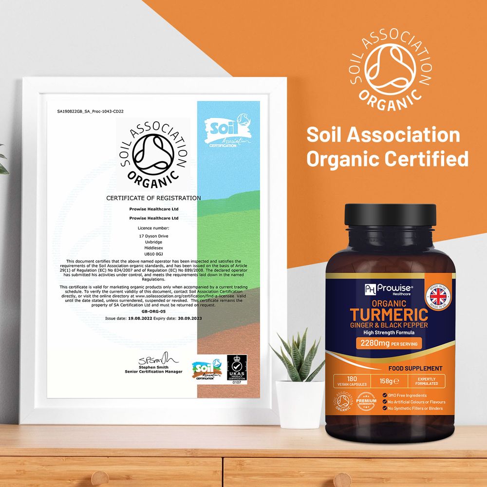 Organic Turmeric 2280mg (High Strength) with Black Pepper & Ginger - 180 Vegan Turmeric Capsules with Active Ingredient Curcumin I Soil Association Approved I UK Made by Prowise Healthcare